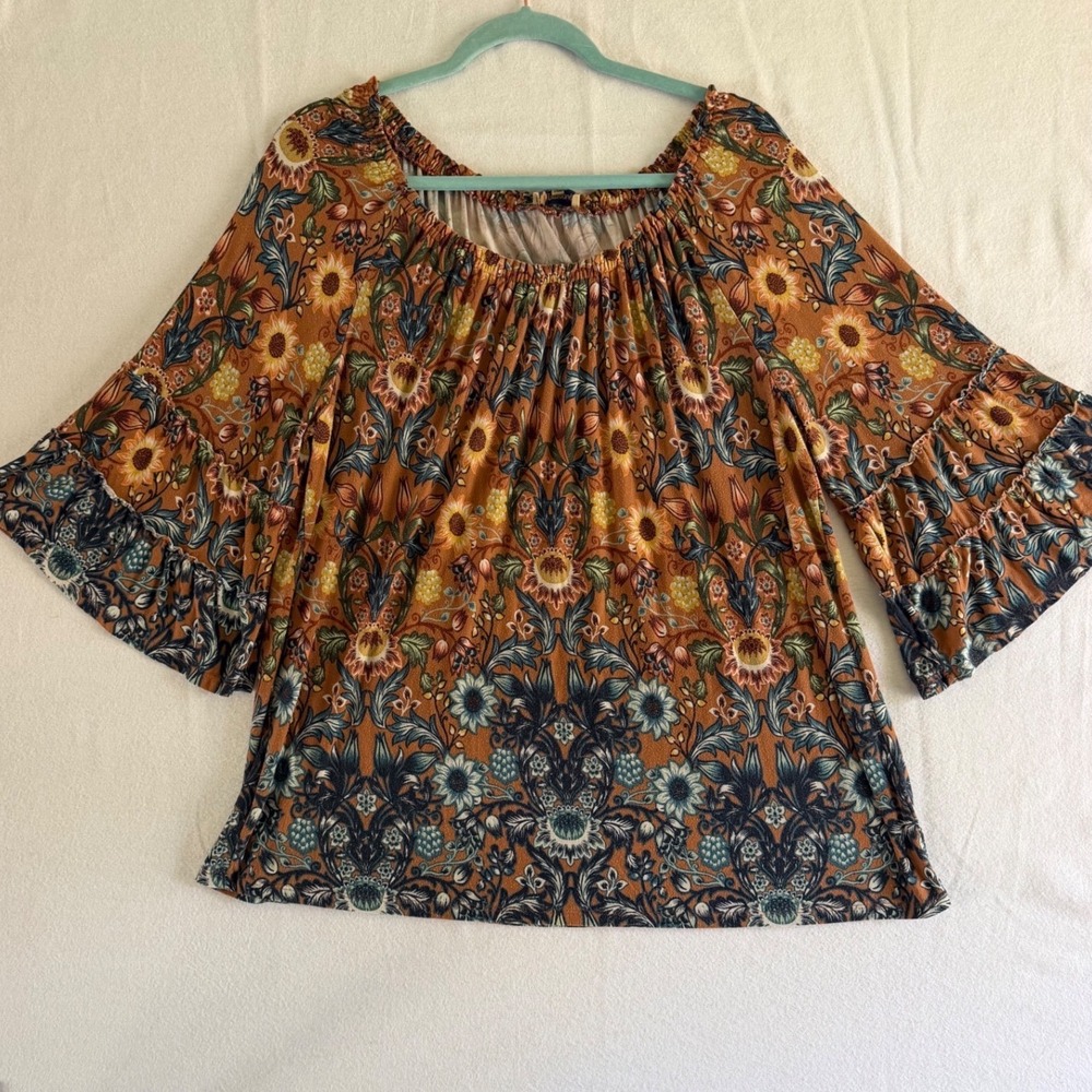 Democracy Womens Floral Bell Sleeve Peasant Top Burnt Orange Boho Blouse L